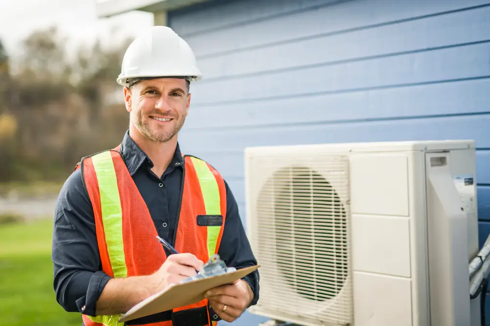 Certified HVAC technician servicing an air conditioner in Los Angeles